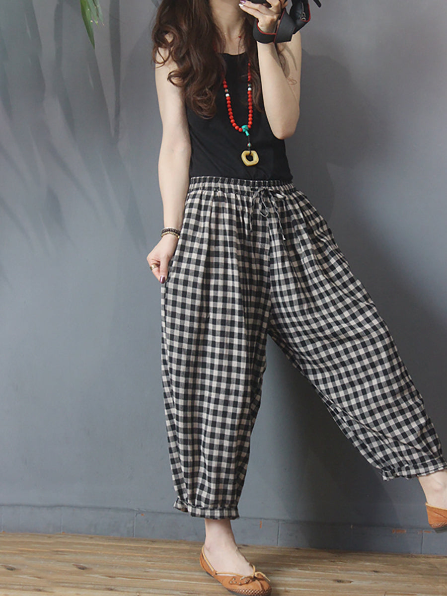 Pantalon sarouel d'été en coton et lin avec cordon de serrage à carreaux