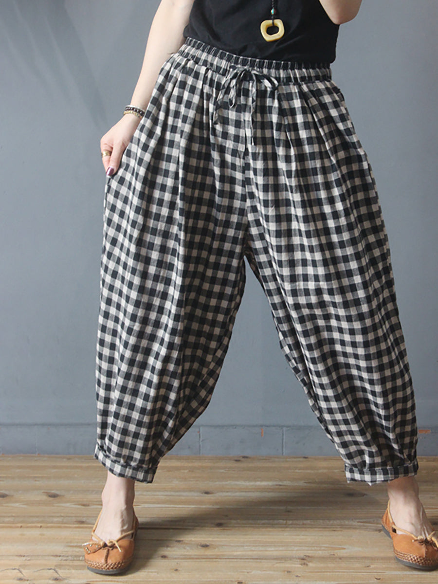 Pantalon sarouel d'été en coton et lin avec cordon de serrage à carreaux