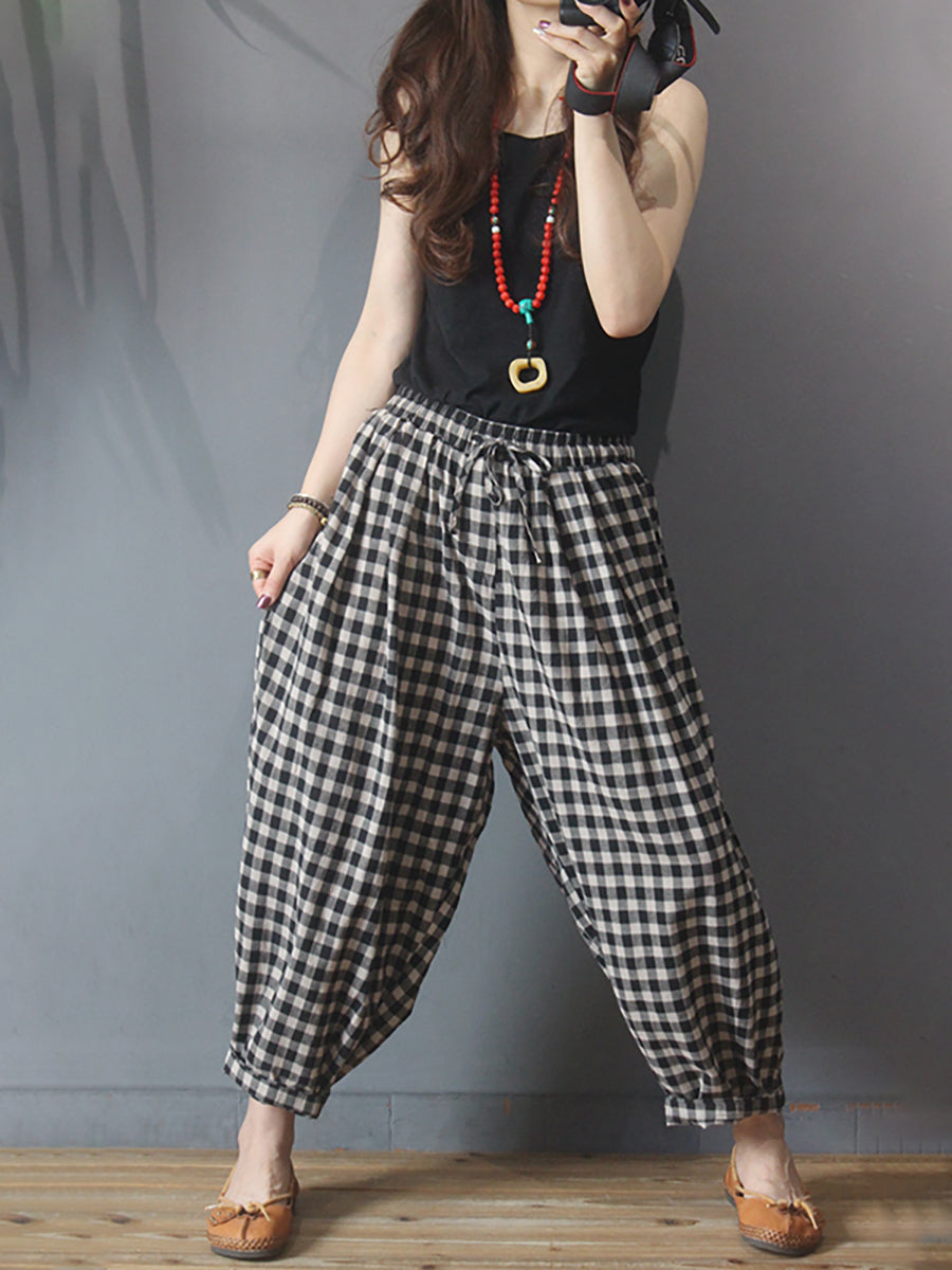 Pantalon sarouel d'été en coton et lin avec cordon de serrage à carreaux