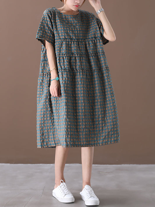 Summer Plaid Round Neck Cotton Linen Midi Dress