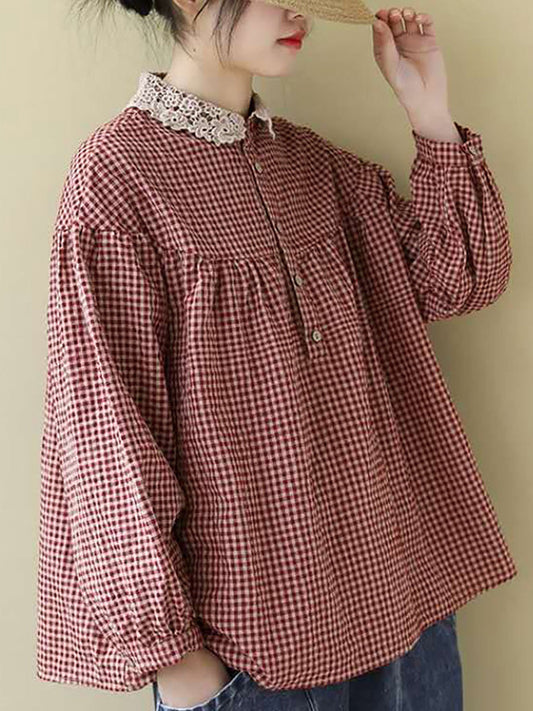 Women Loose Breasted Lace Plaid Tops