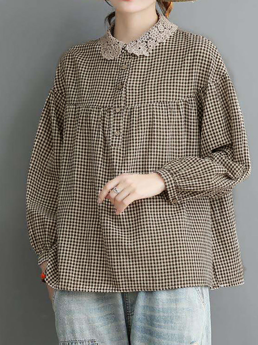 Women Loose Breasted Lace Plaid Tops