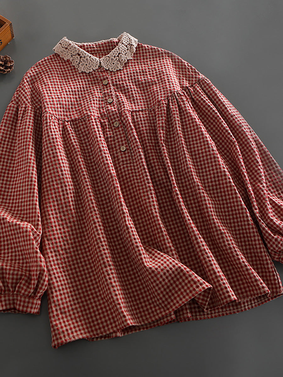 Women Loose Breasted Lace Plaid Tops