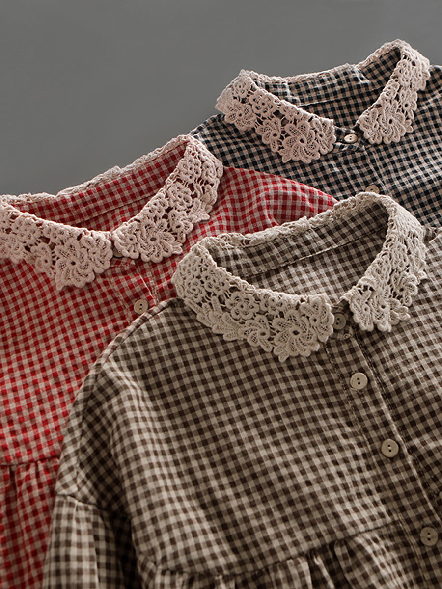 Women Loose Breasted Lace Plaid Tops