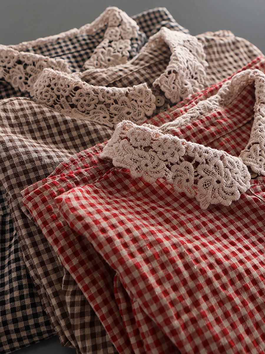 Women Loose Breasted Lace Plaid Tops