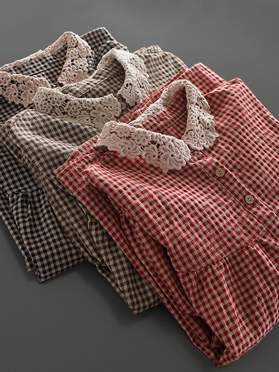Women Loose Breasted Lace Plaid Tops