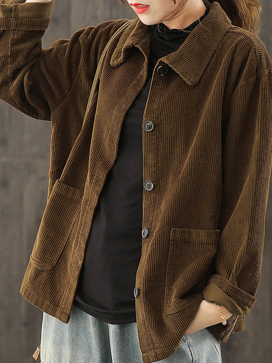 Women Solid Color Pocket Corduroy Jacket Coat