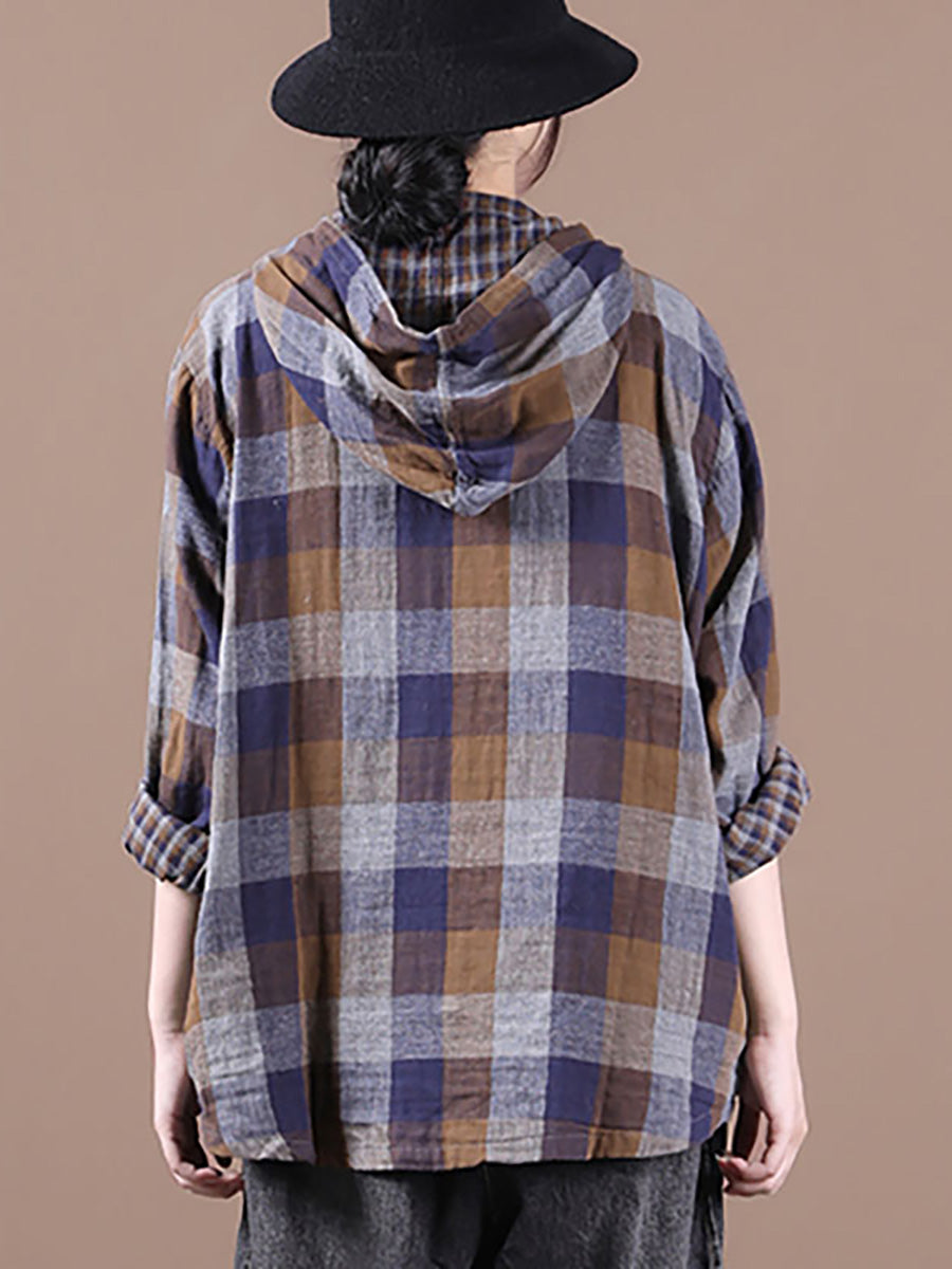 Loose Stitching Drawstring Cotton Linen Hooded Blouse Shirt