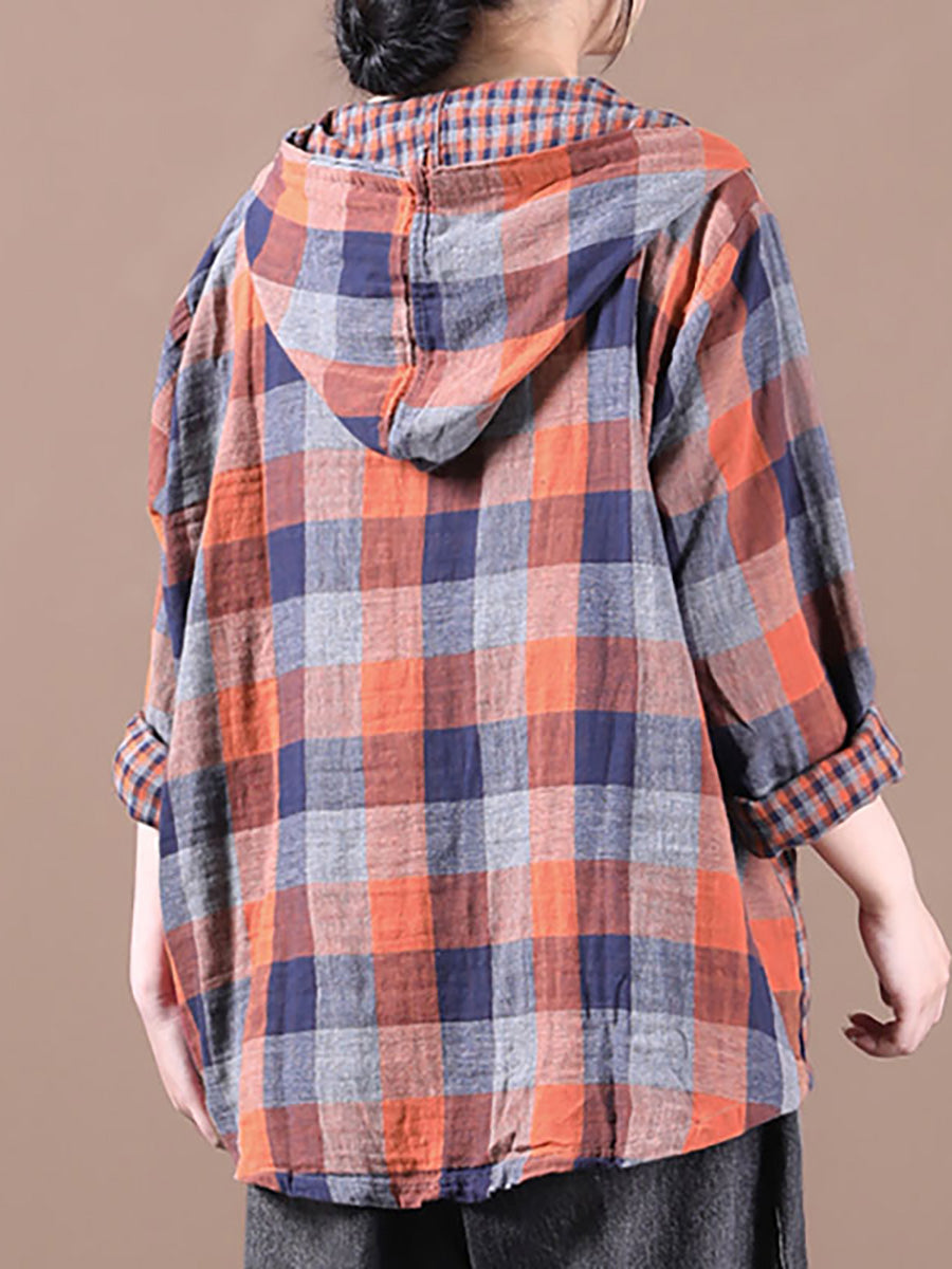 Loose Stitching Drawstring Cotton Linen Hooded Blouse Shirt