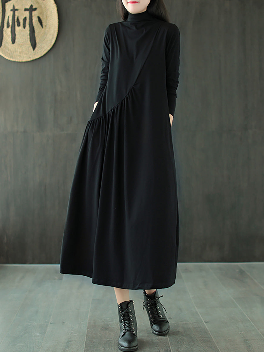 Robe à col montant drapée de couleur unie