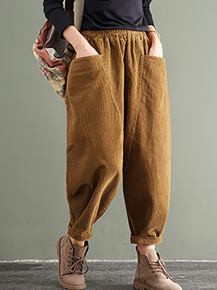 Pantaloni fatti a mano in velluto a coste di cotone con elastico in vita