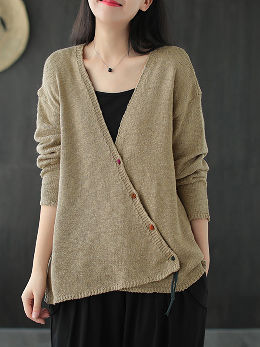 Women Knitted Retro Pure Color Vneck Sweater Coat