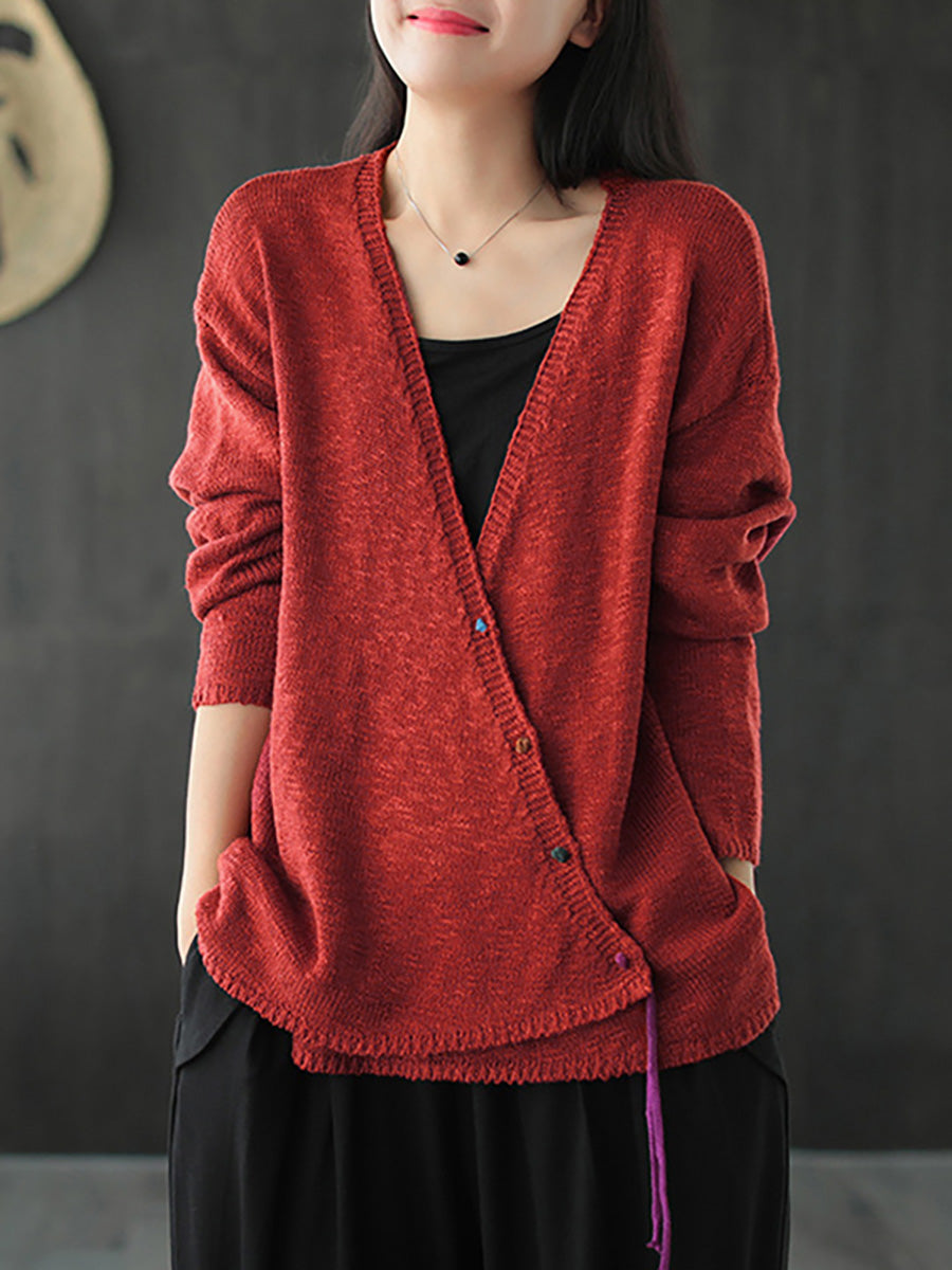 Women Knitted Retro Pure Color Vneck Sweater Coat