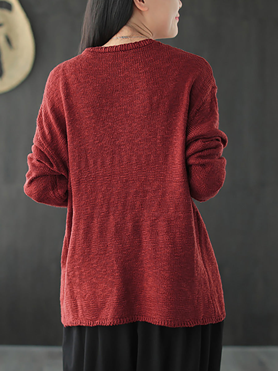 Women Knitted Retro Pure Color Vneck Sweater Coat