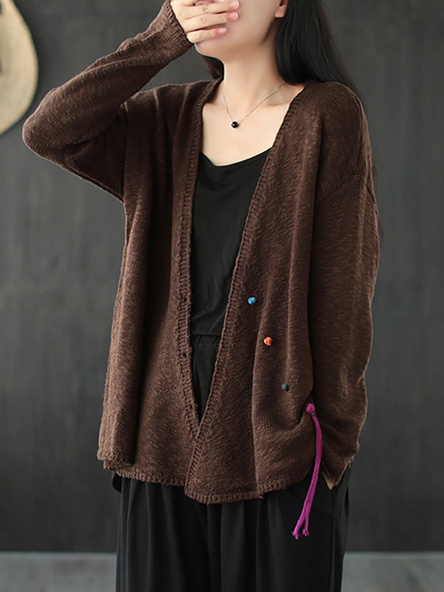 Women Knitted Retro Pure Color Vneck Sweater Coat