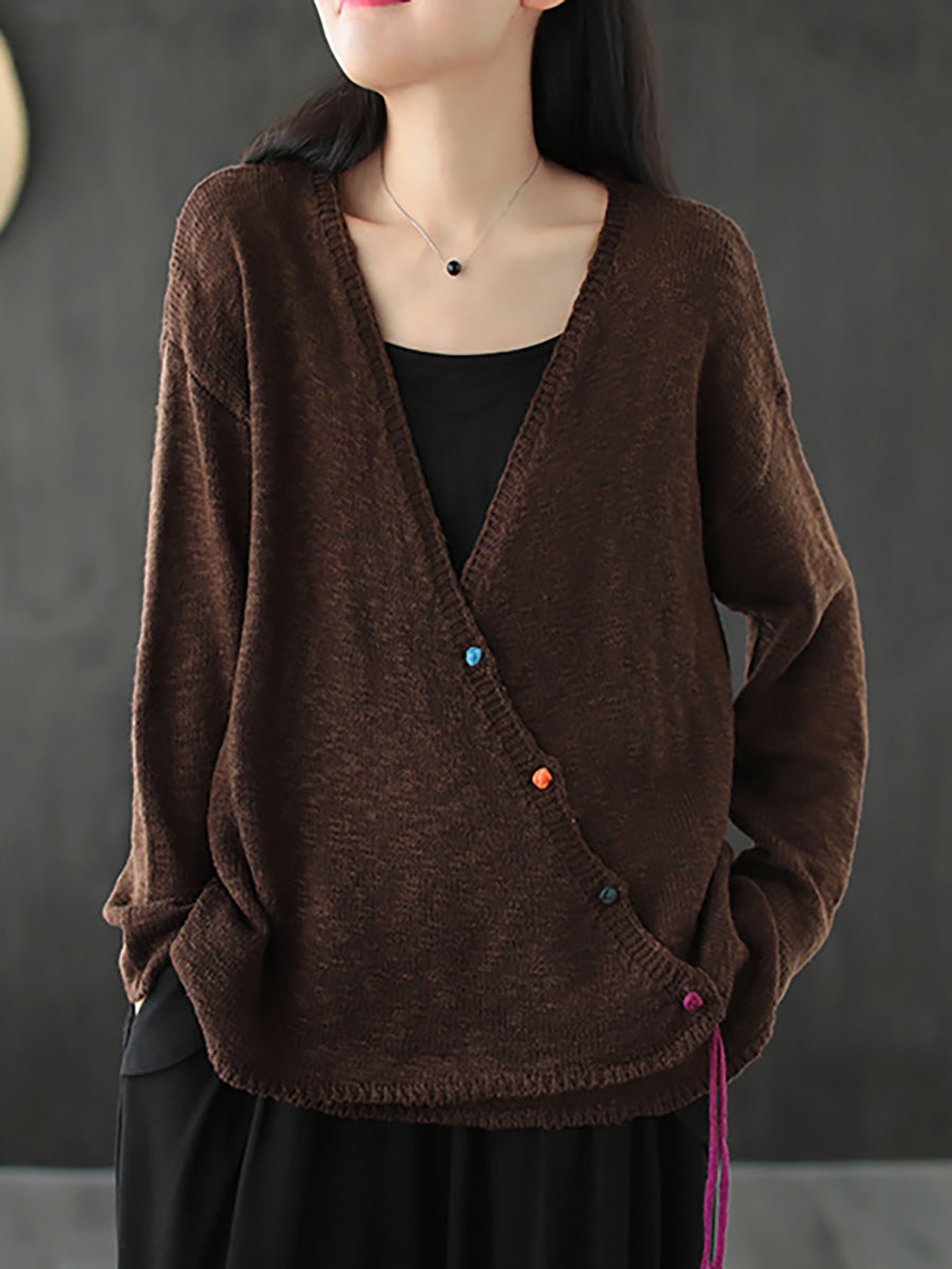 Women Knitted Retro Pure Color Vneck Sweater Coat