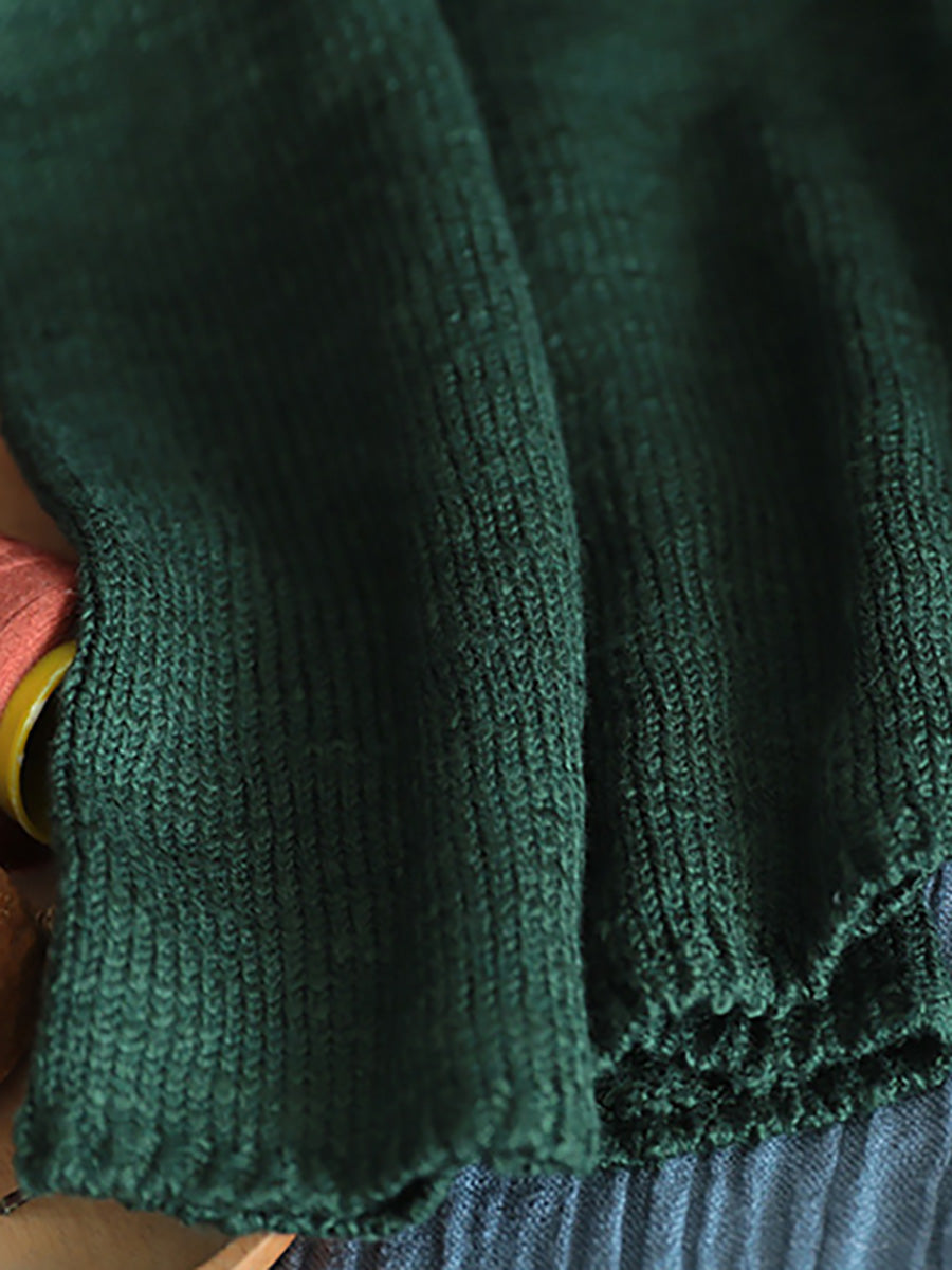 Women Knitted Retro Pure Color Vneck Sweater Coat