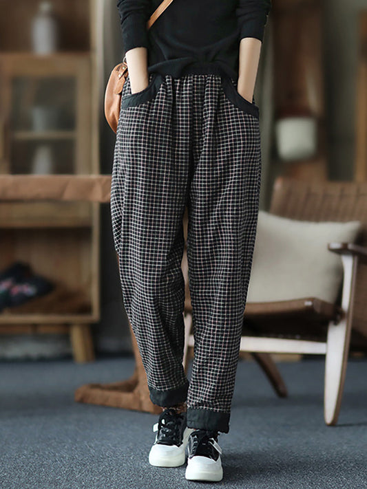 Pantalon à taille élastique en coton et lin pour femme