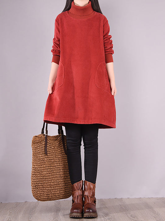 Women Solid Color Fleecelined Corduroy Dress