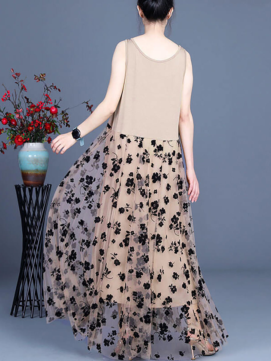 Women Lace Retro Stitching Maxi Pinafore Dress