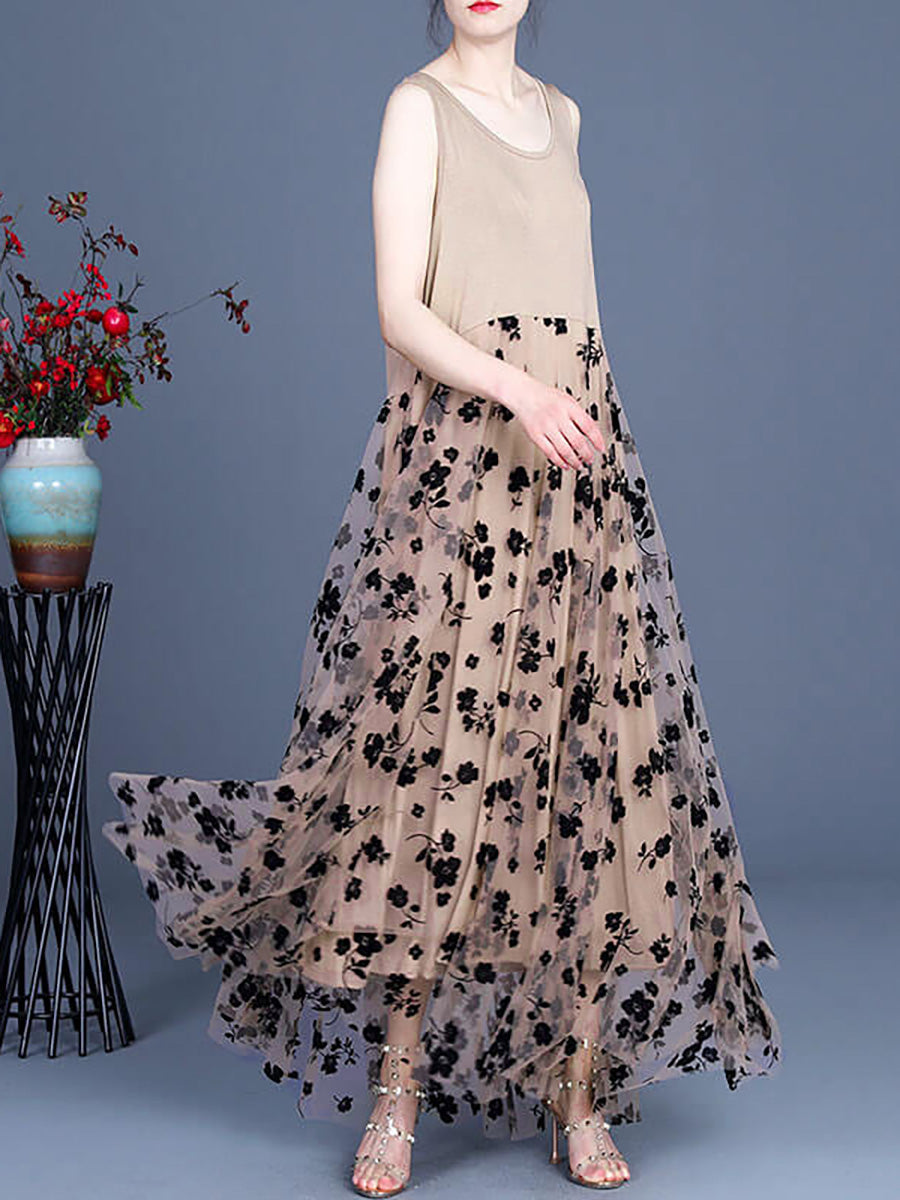 Women Lace Retro Stitching Maxi Pinafore Dress