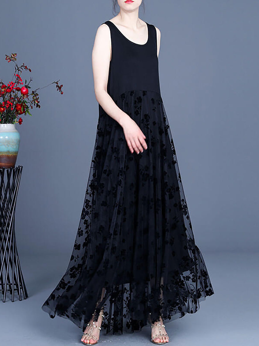 Women Lace Retro Stitching Maxi Pinafore Dress