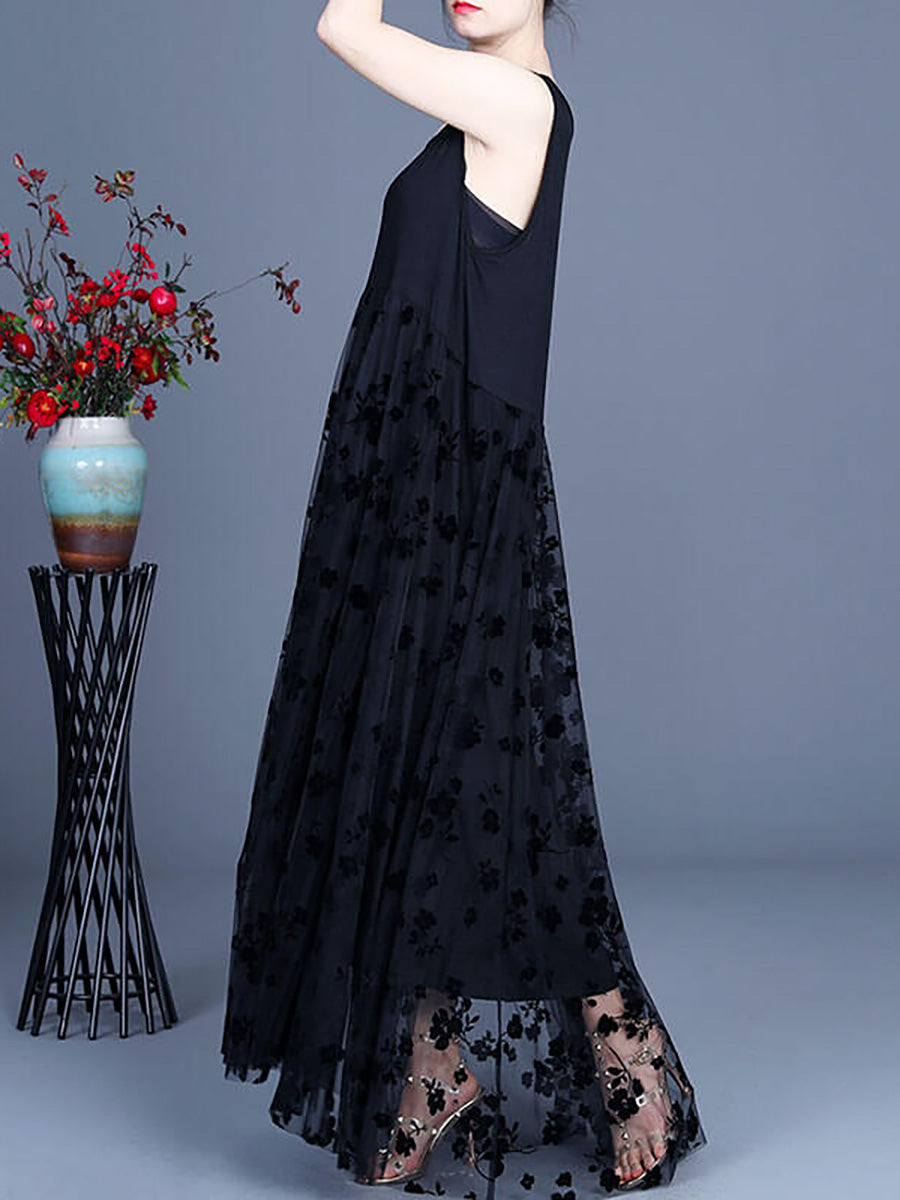 Women Lace Retro Stitching Maxi Pinafore Dress
