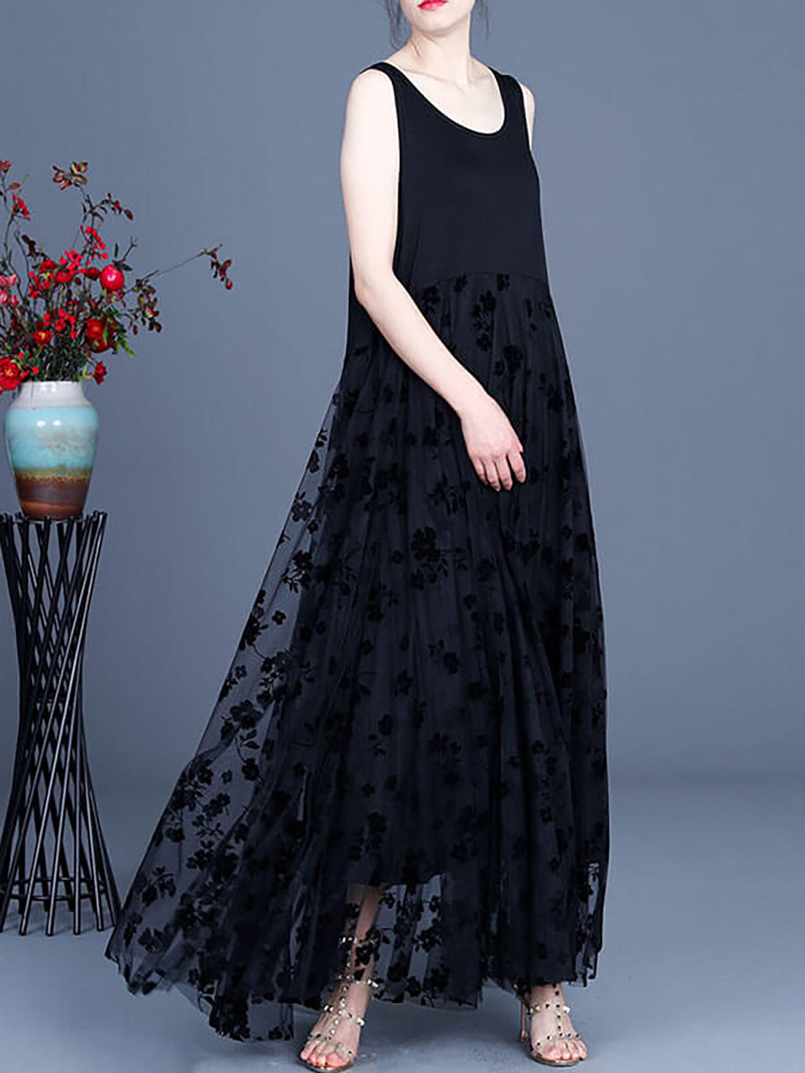 Women Lace Retro Stitching Maxi Pinafore Dress