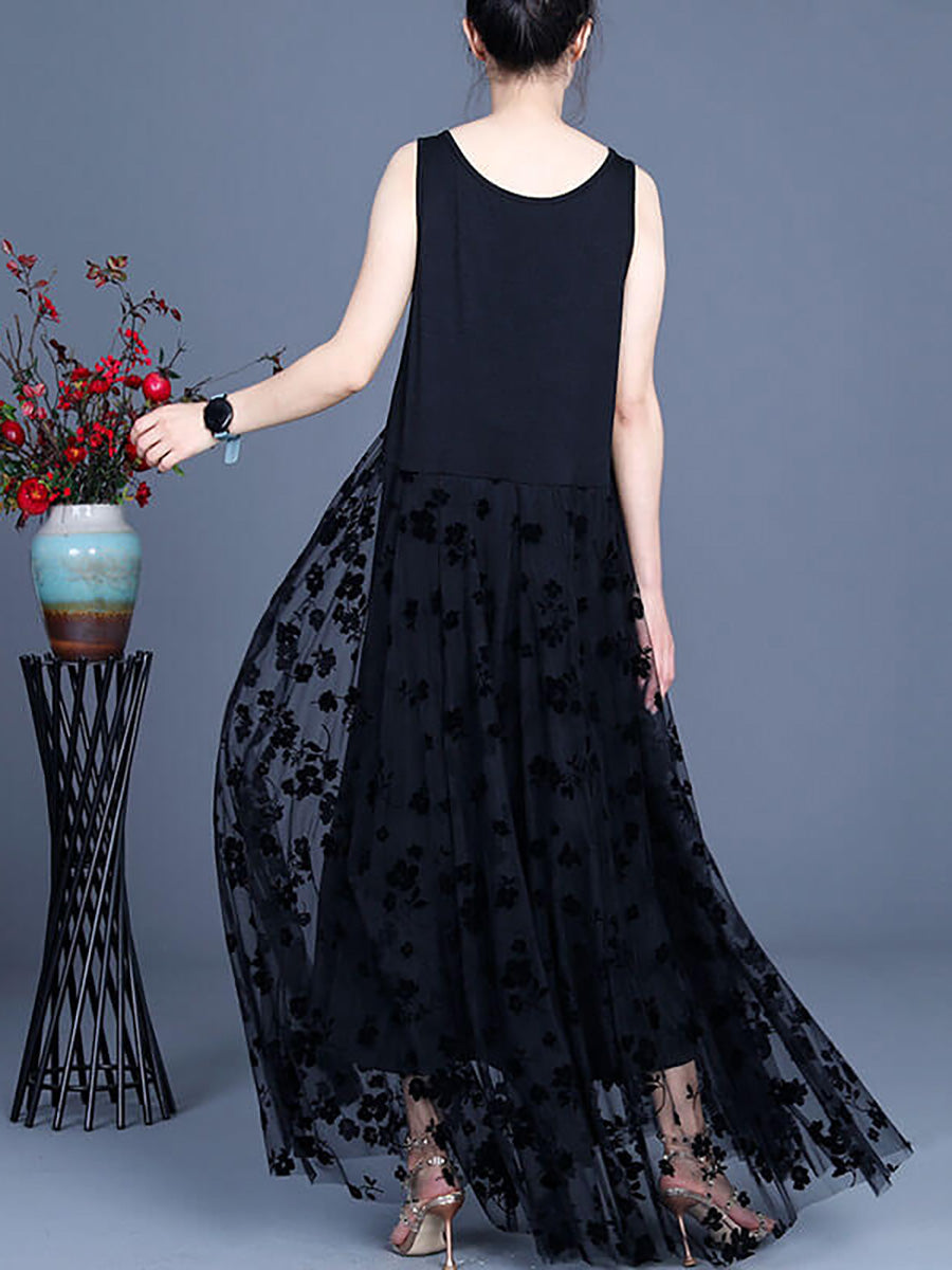 Women Lace Retro Stitching Maxi Pinafore Dress