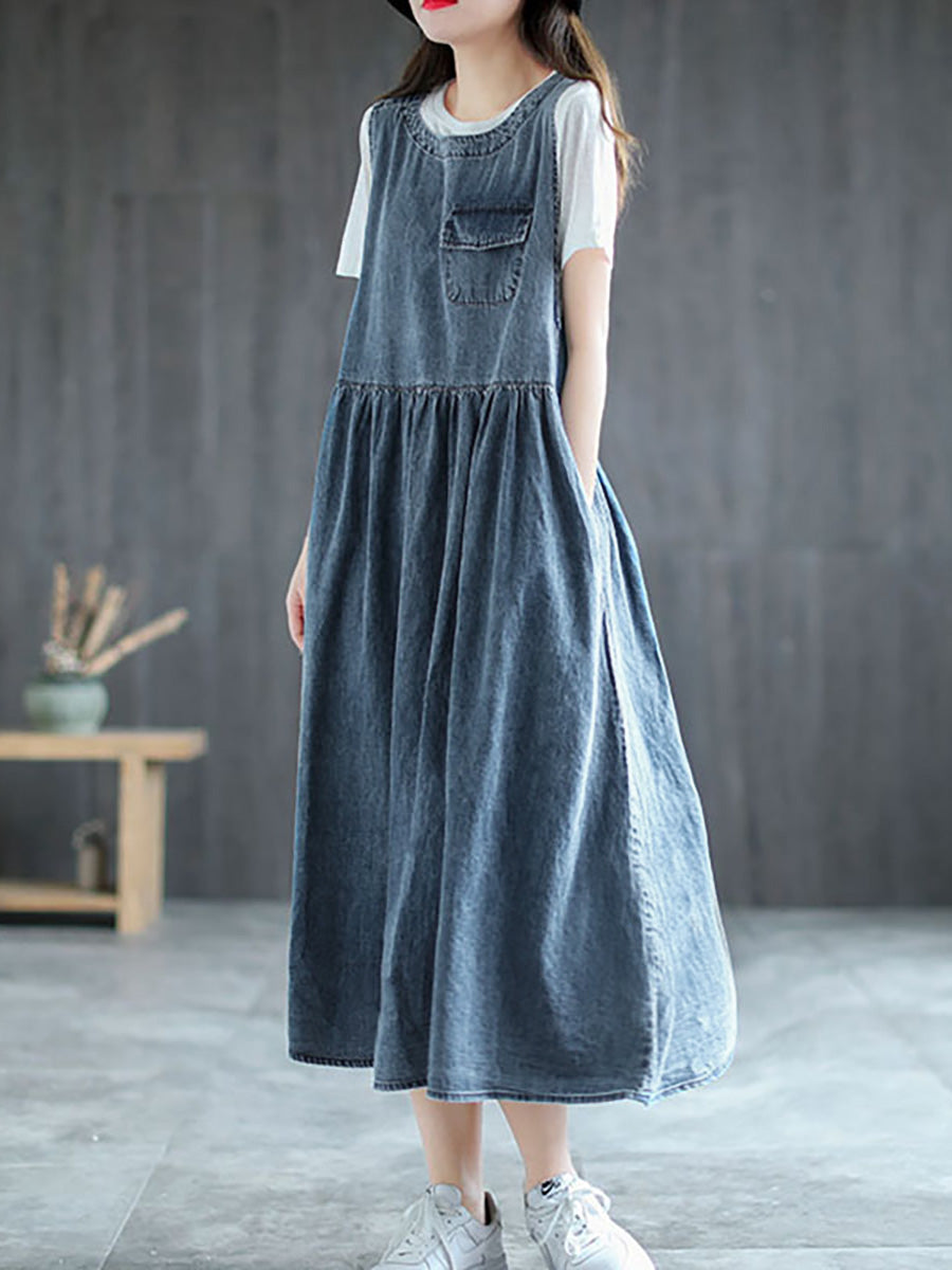 Abito lungo senza maniche con pieghe in denim