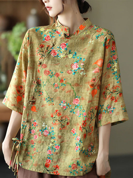 Camicia vintage irregolare floreale in lino di cotone