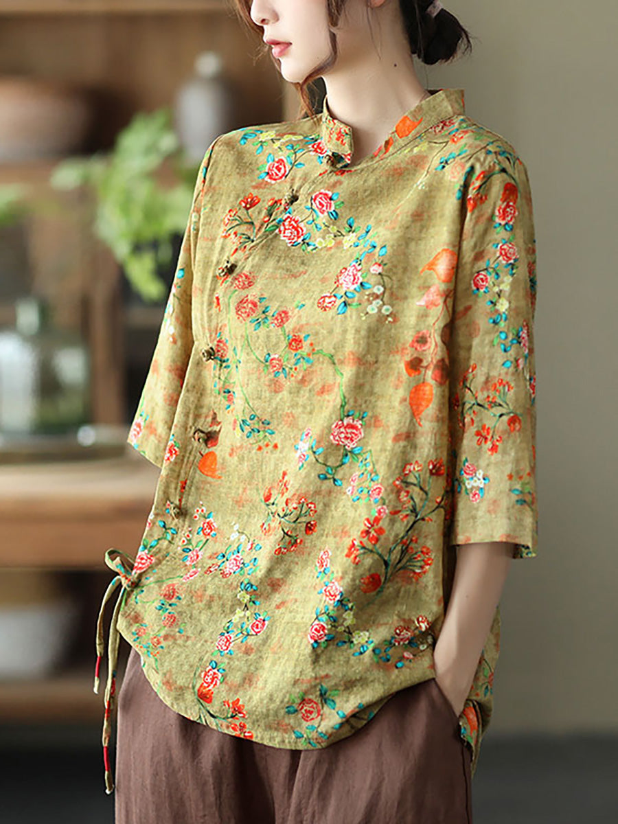 Camicia vintage irregolare floreale in lino di cotone