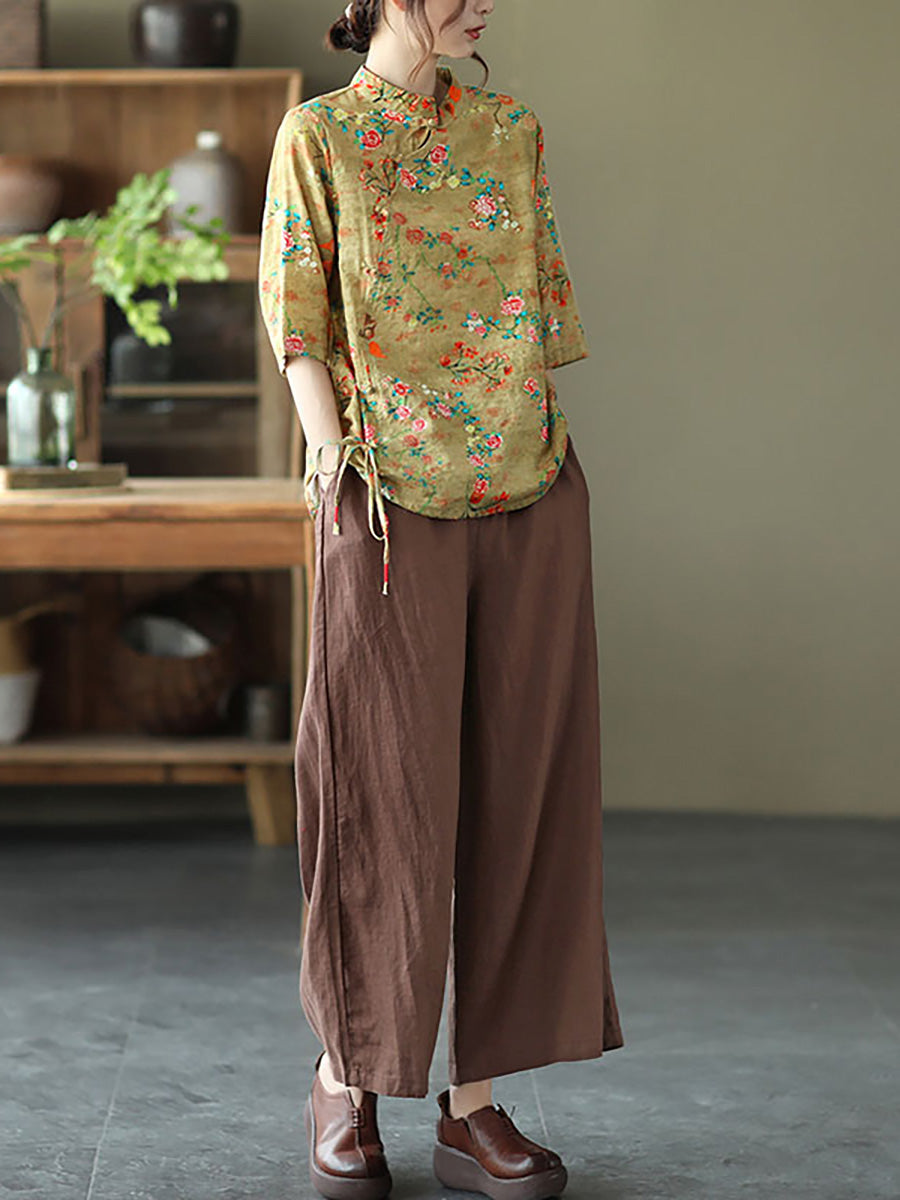 Camicia vintage irregolare floreale in lino di cotone
