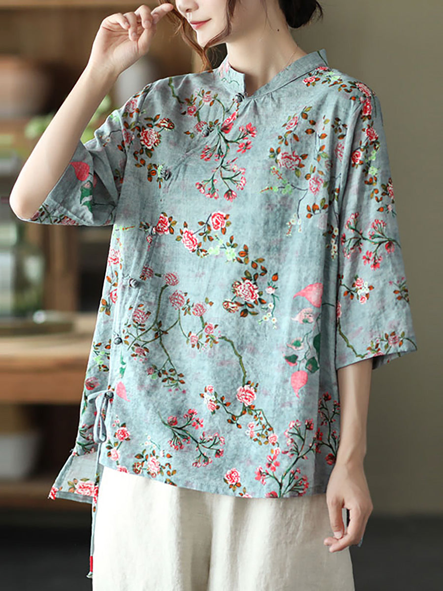Camicia vintage irregolare floreale in lino di cotone