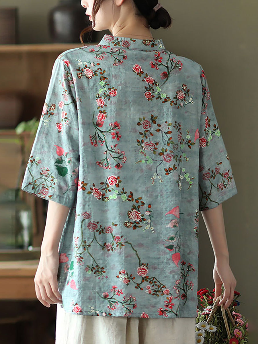 Camicia vintage irregolare floreale in lino di cotone