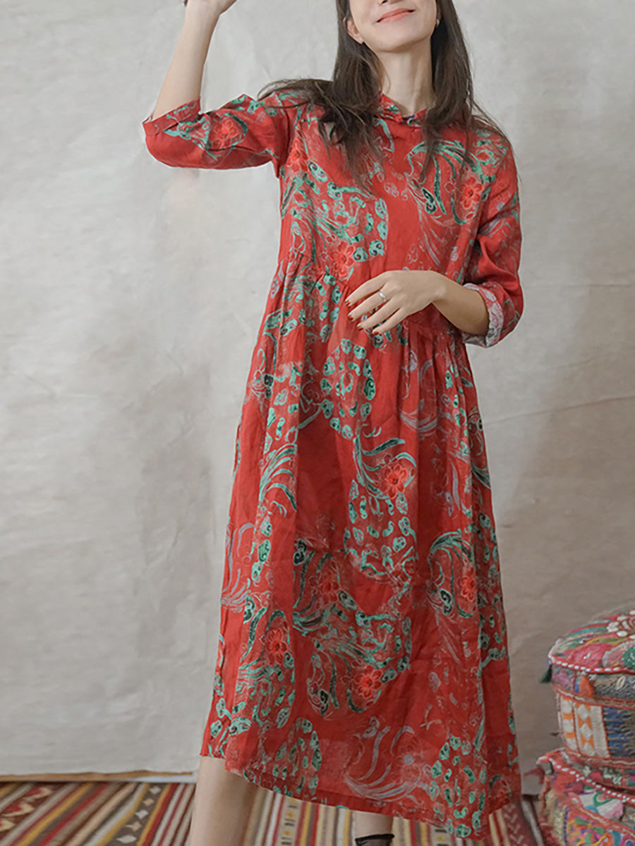 Robe en lin à imprimé floral vintage pour femme