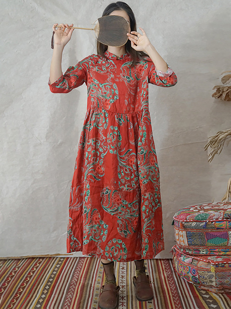 Robe en lin à imprimé floral vintage pour femme