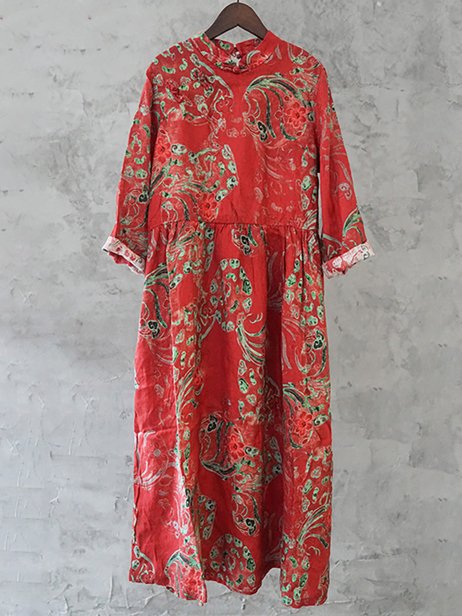 Robe en lin à imprimé floral vintage pour femme