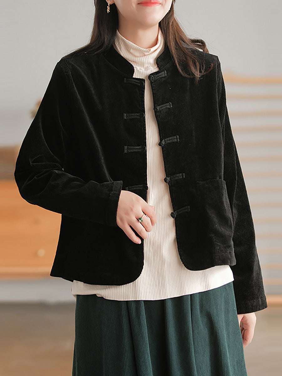 Cappotto casual vintage con tasca sul petto in velluto a coste da donna