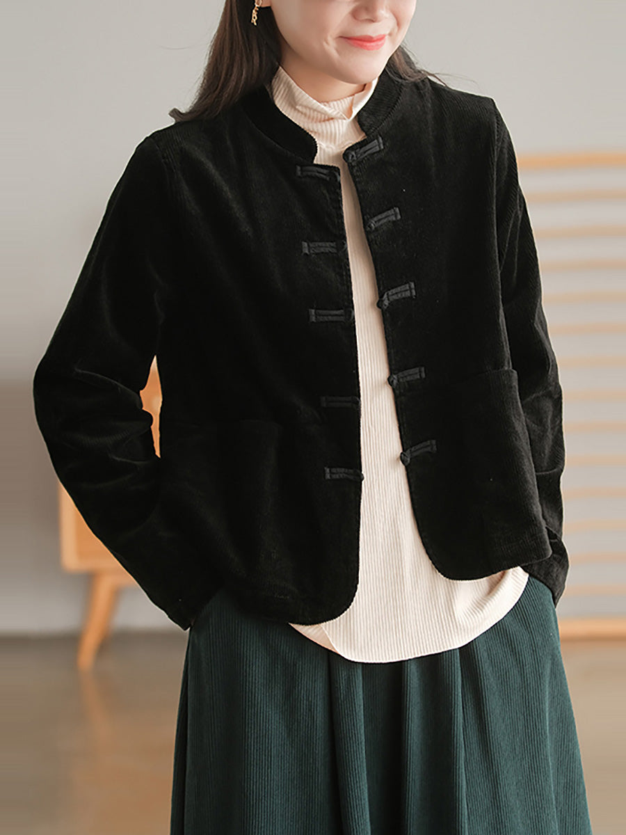 Cappotto casual vintage con tasca sul petto in velluto a coste da donna