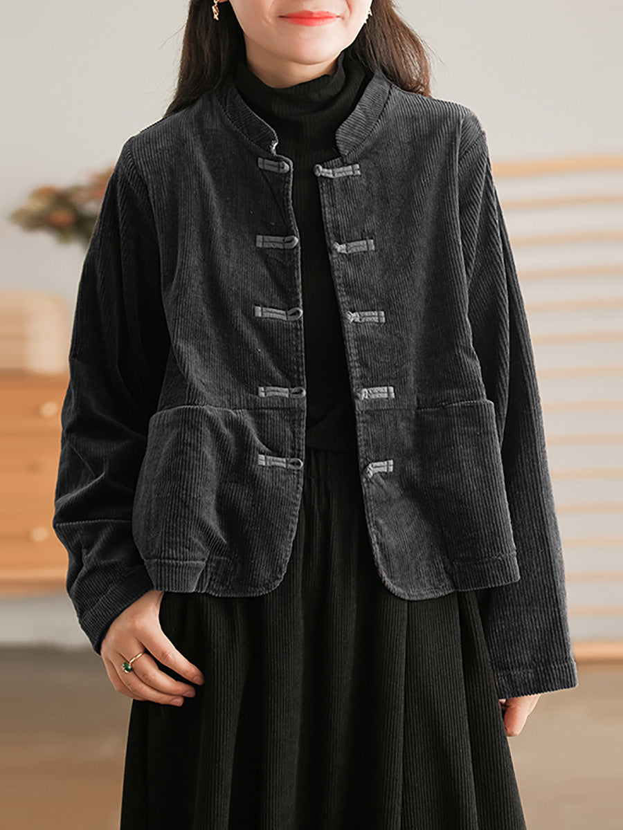 Cappotto casual vintage con tasca sul petto in velluto a coste da donna