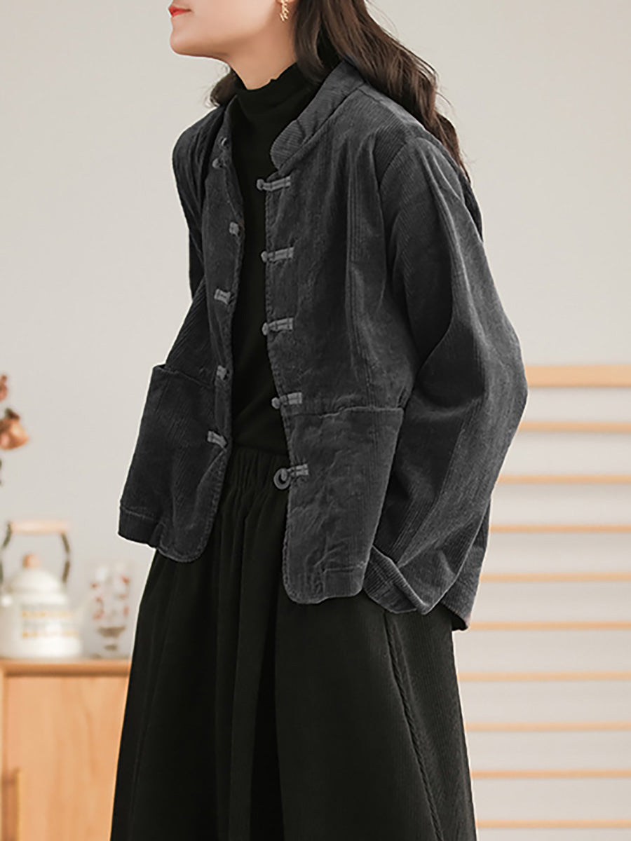 Cappotto casual vintage con tasca sul petto in velluto a coste da donna