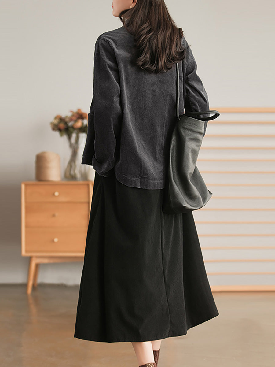 Cappotto casual vintage con tasca sul petto in velluto a coste da donna