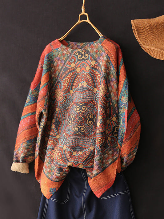 Maglione a maniche lunghe con scollo a V e stampa vintage da donna