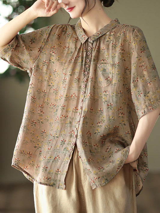 Camicia casual estiva da donna con motivo floreale vintage Ramie