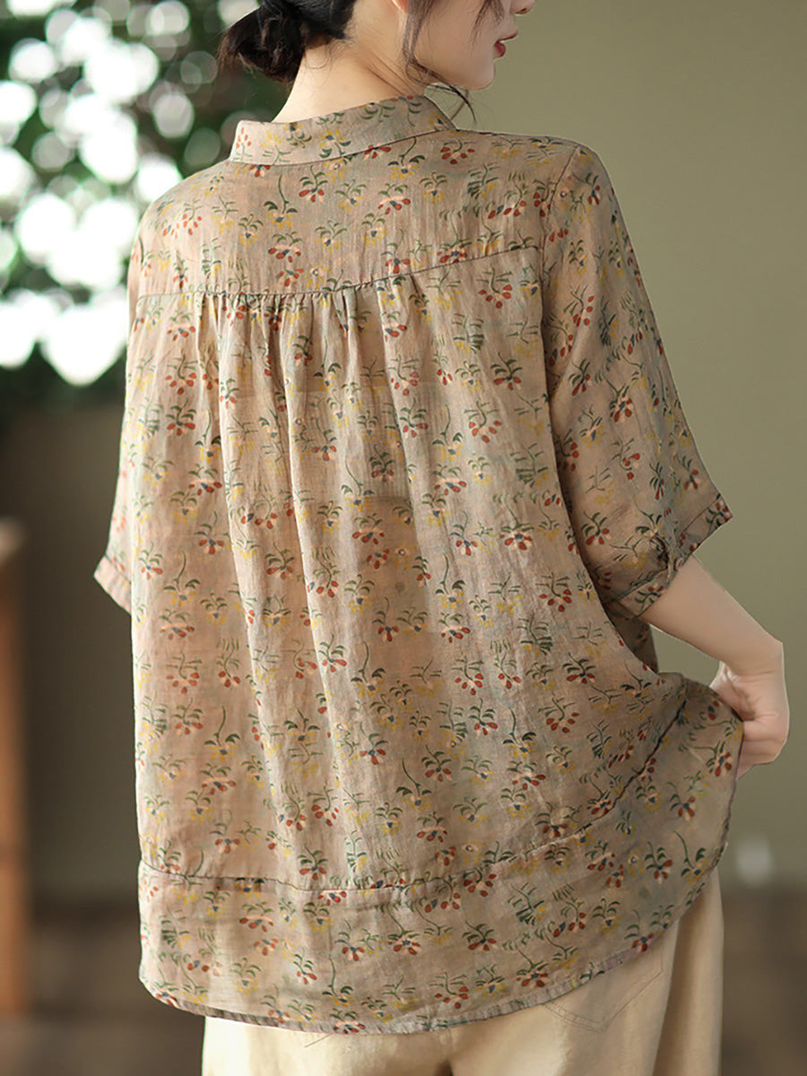Camicia casual estiva da donna con motivo floreale vintage Ramie
