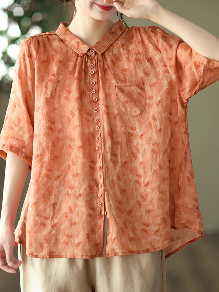 Camicia casual estiva da donna con motivo floreale vintage Ramie