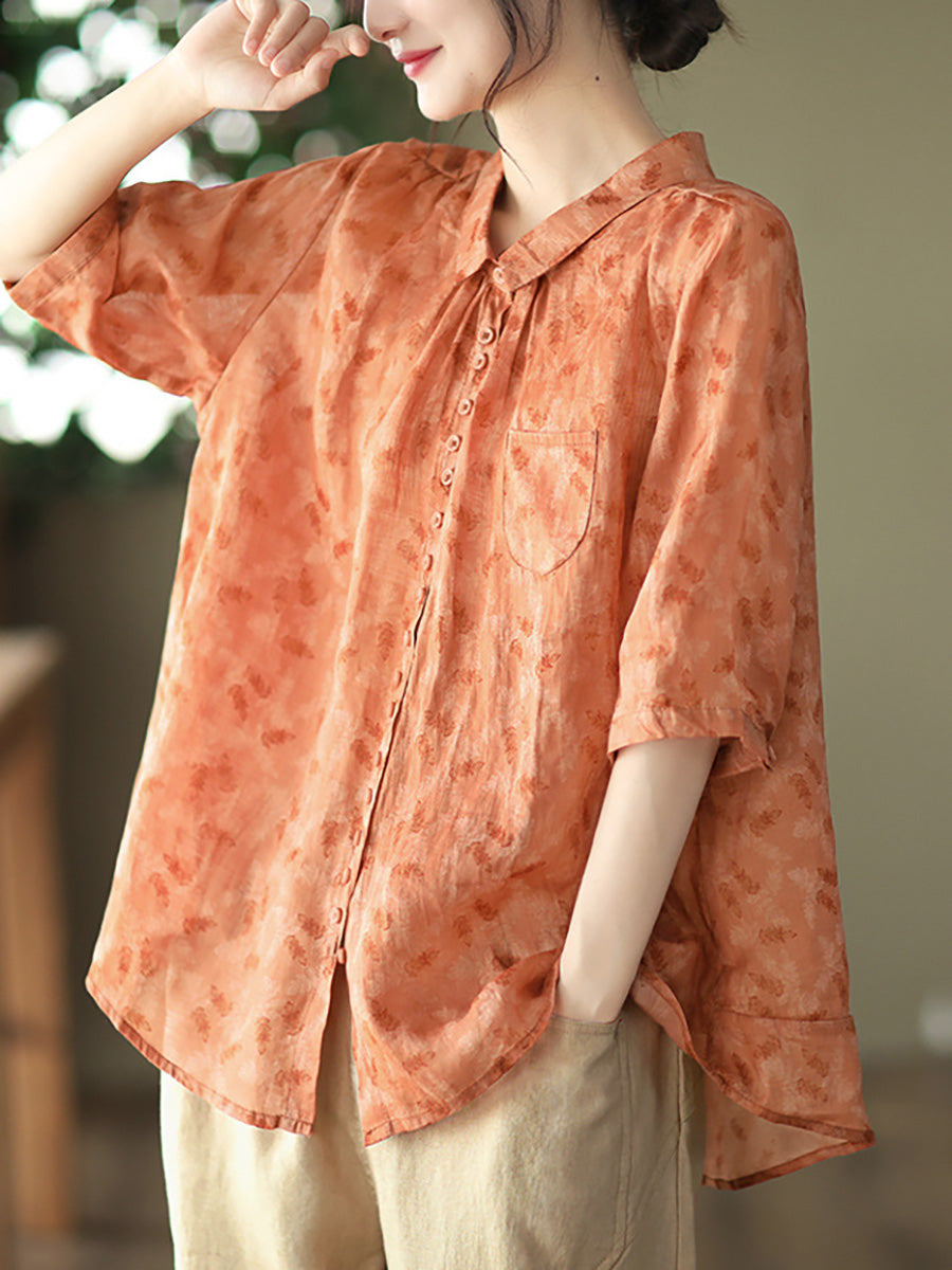 Camicia casual estiva da donna con motivo floreale vintage Ramie