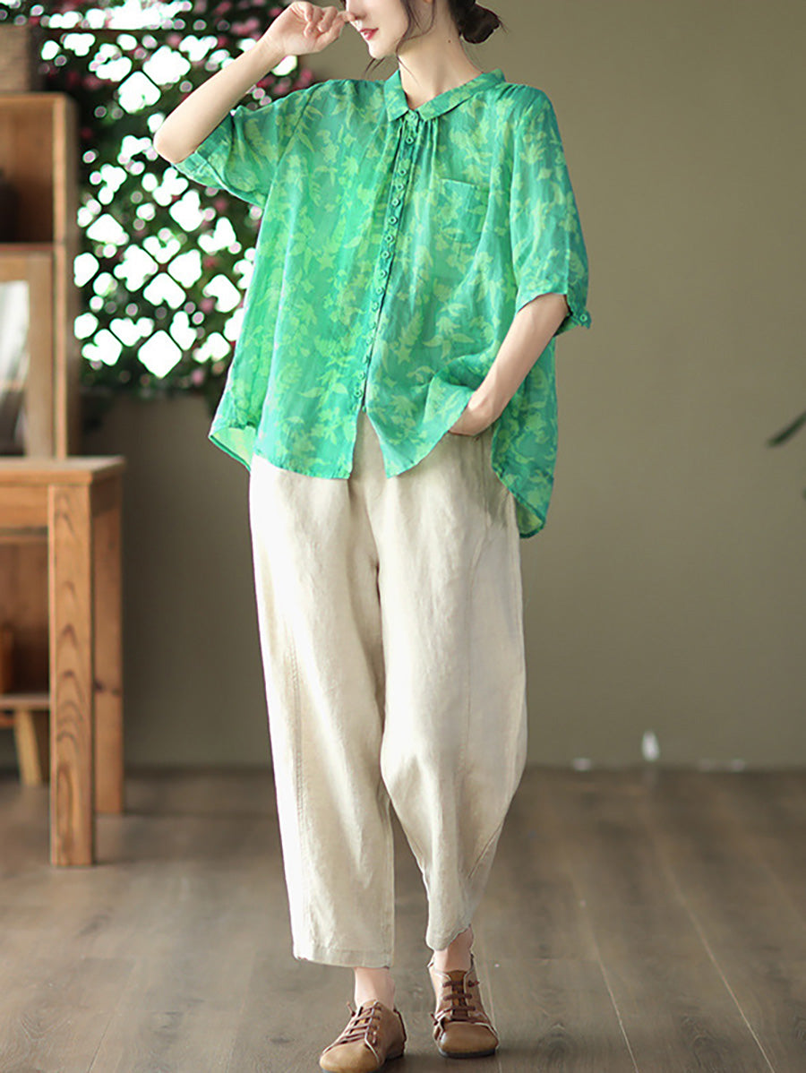 Camicia casual estiva da donna con motivo floreale vintage Ramie
