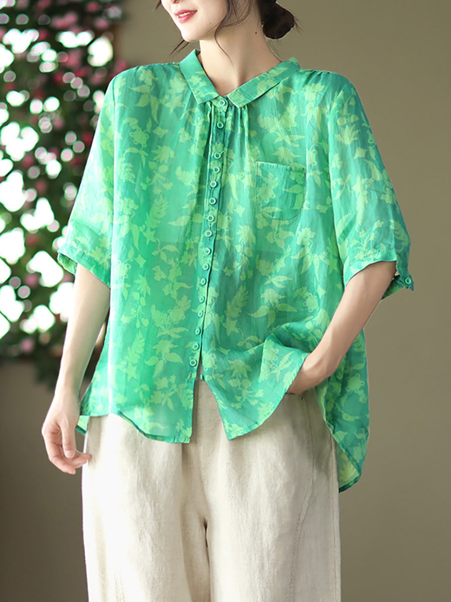 Camicia casual estiva da donna con motivo floreale vintage Ramie